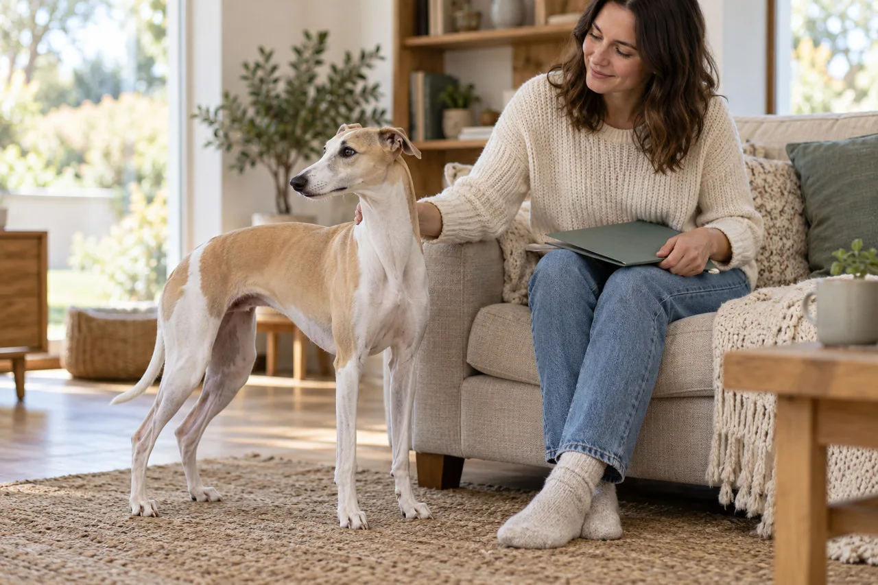 Owner reading a document beside a slender dog on a sofa